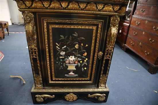 A Victorian ormolu mounted ebonised and pietra dura pier cabinet, W.3ft 2in. D.1ft 7in. H.3ft 11.5in.